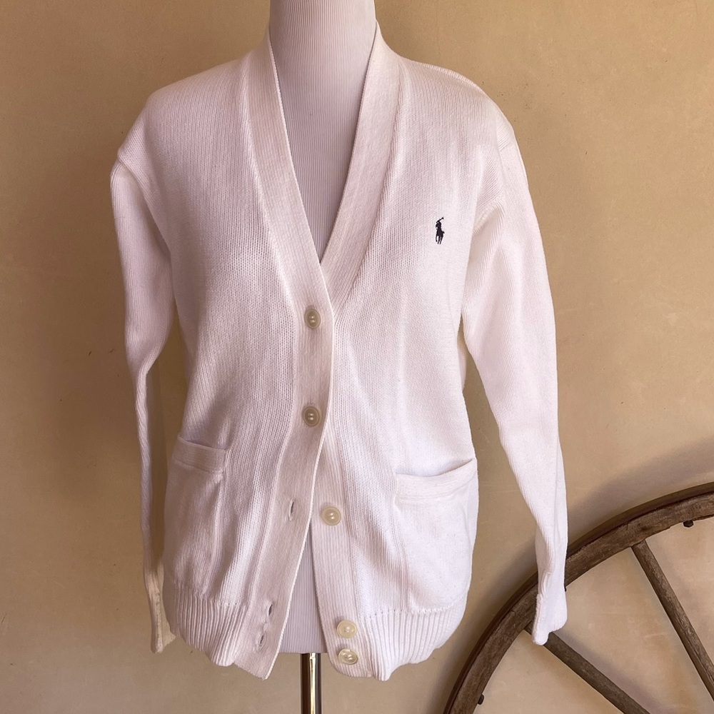 RALPH LAUREN Vtg 1980’s Preppy White Golf Cardigan Sweater Blue Polo Pony Mens M